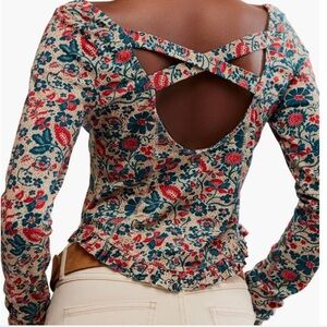 Free People Floral Cross-Back Blouse in Red and Blue